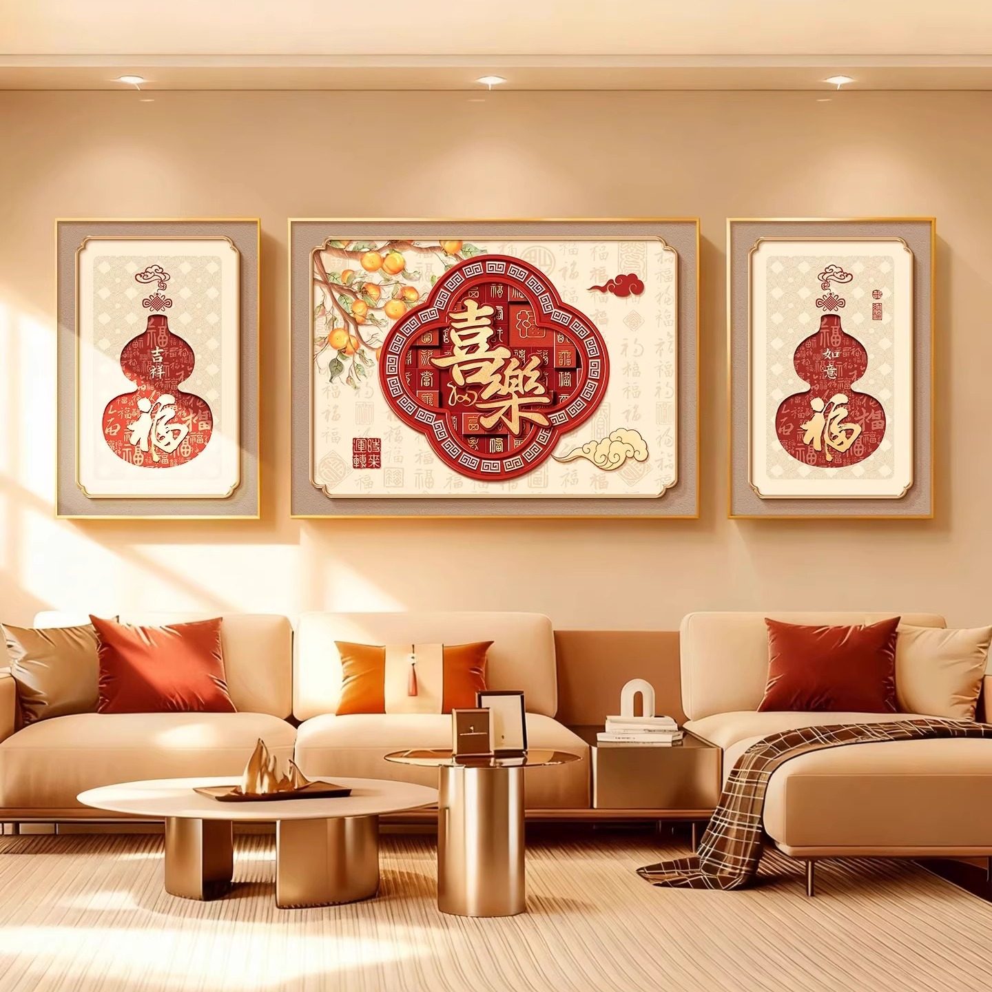 福禄客厅装饰画五福临门喜庆沙发背景墙挂画中式福字轻奢三联壁画,家居饰品,现代装饰画,淘宝优惠券,粉丝福利购,淘宝优惠卷