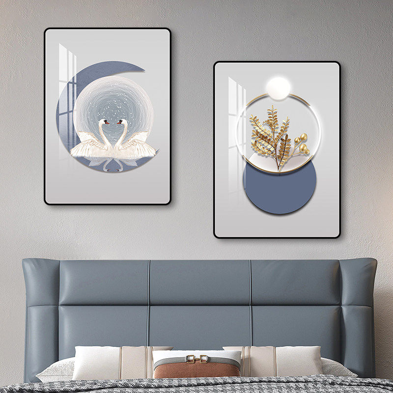 现代简约卧室装饰画天鹅床头挂画温馨夫妻主卧室背景墙双联壁画