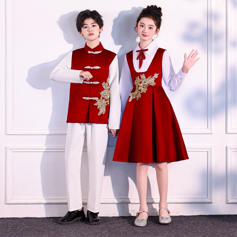 儿童合唱团爱国朗诵比赛演出服男女童少儿小学生演讲服装红色礼服图片
