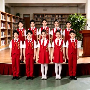 儿童合唱团爱国朗诵比赛演出服男女童少儿小学生演讲服装红色礼服