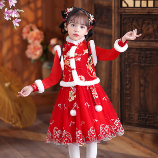 冬季汉服女童红色加绒古装裙子儿童拜年服小女孩唐装中国风连衣裙