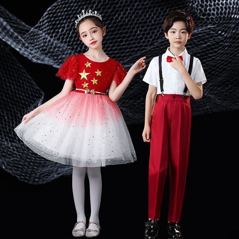 国庆儿童合唱演出服幼儿园园服演讲红色中小学生爱国朗诵比赛服装