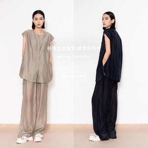 basicshenshen新中式复古假两件宽松无袖上衣休闲裤两件套装女夏