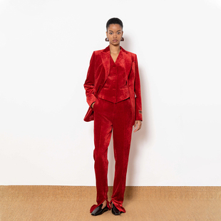 shenshen复古优雅红色丝绒戗驳领西装外套马甲西裤新年三件套装女