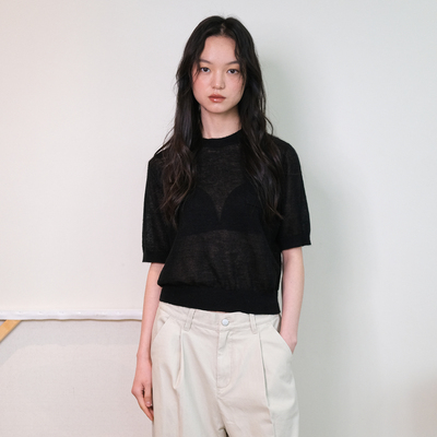 夏季轻薄羊毛圆领微透针织短袖