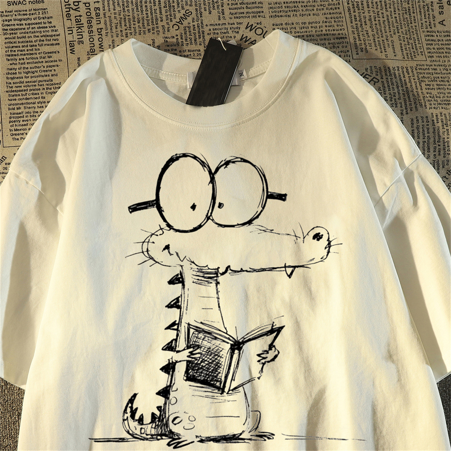 美式插画恐龙印花短袖t恤男女2025新款夏宽松纯棉半袖上衣体恤衫