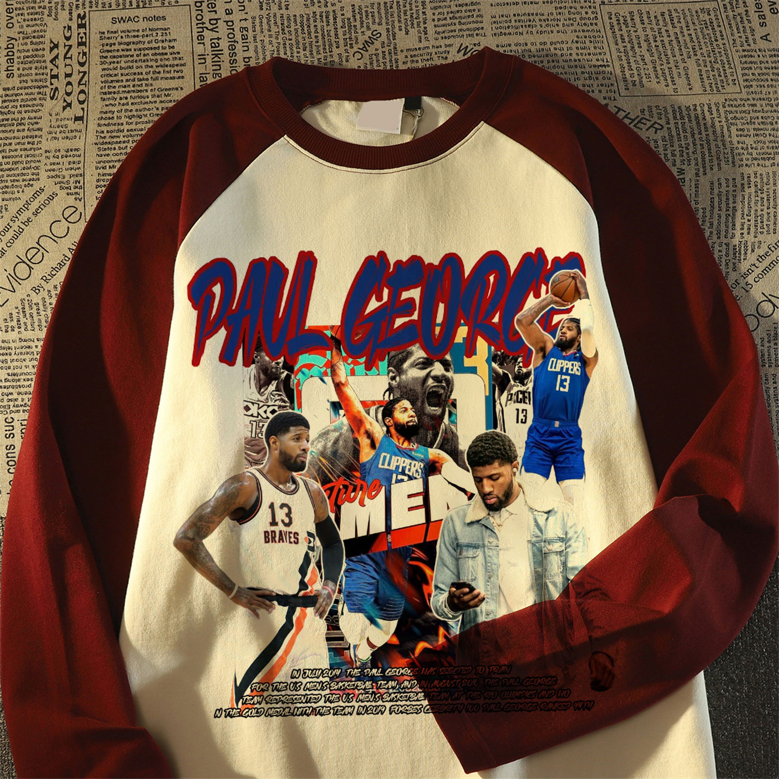 美式保罗乔治插肩卫衣男女篮球宽松运动训练长袖百搭拼接设计上衣