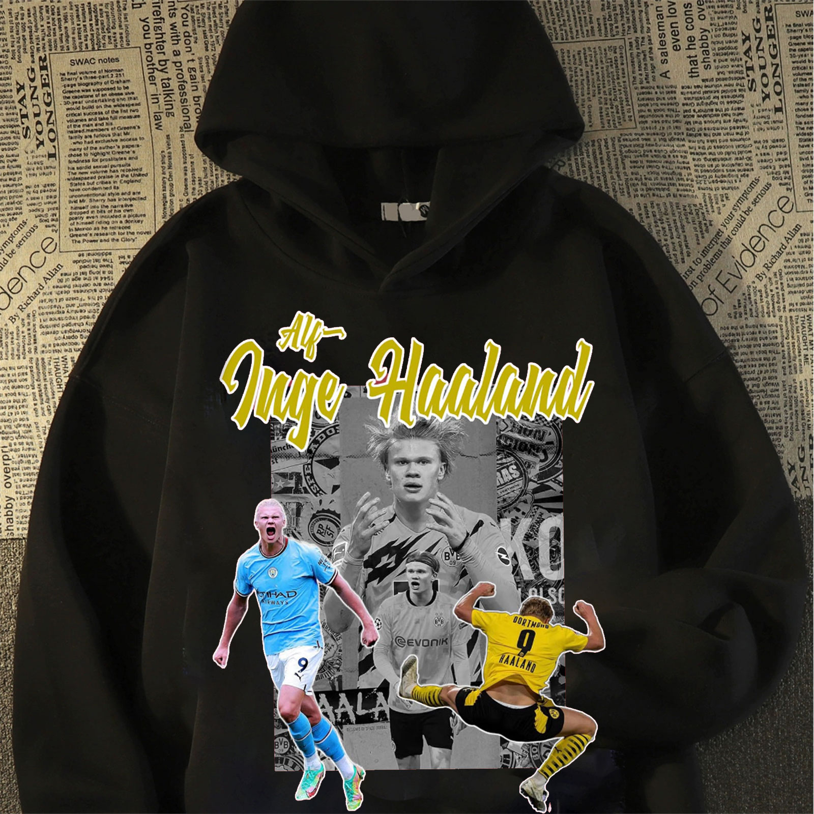 足球哈兰德连帽卫衣美式潮牌复古风印花男女情侣百搭宽松外套帽衫