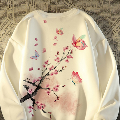 美式高街桃花蝴蝶印花卫衣男女春秋薄款圆领宽松oversize潮牌外套