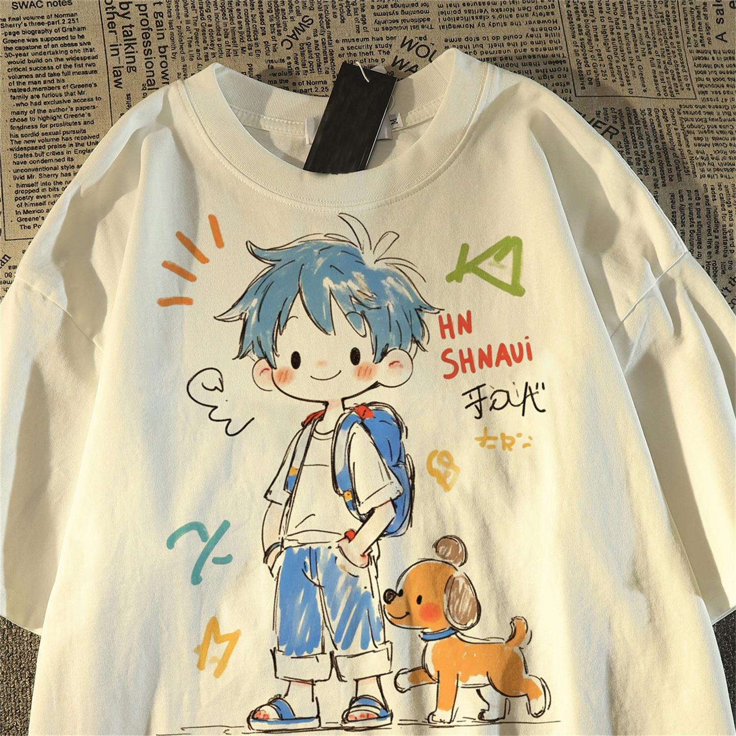 日系卡通动漫印花纯棉短袖t恤男女宽松阳光干净男生穿搭半袖上衣