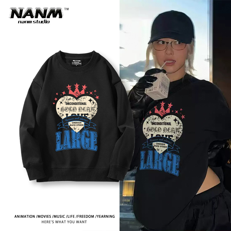 朴彩英rose同款美式复古圆领卫衣男女秋冬季新款加绒长袖休闲上衣