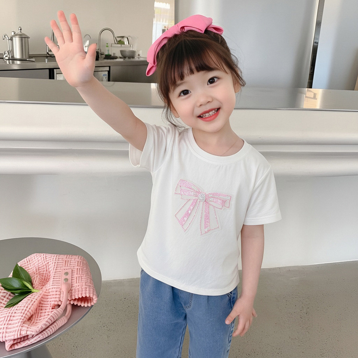 【洋气大蝴蝶结】童装女童夏季甜美可爱T恤儿童舒适时尚收腰上衣