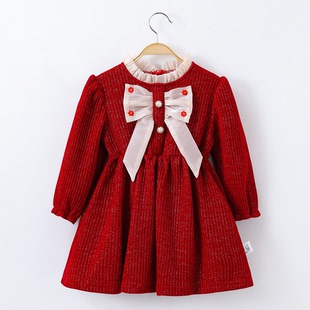 【复古灯芯绒加厚新年拜年服】童装秋冬公主裙女童洋气甜美连衣裙