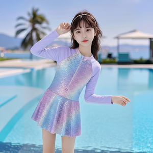【防晒带泳帽】童装女童夏季长袖连体裙泳衣儿童美人鱼时尚泳装潮