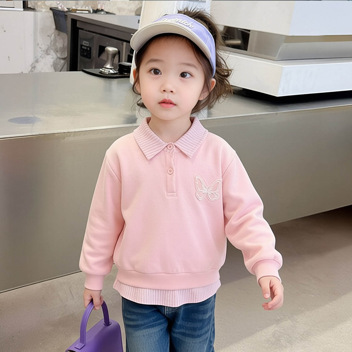 【粉色甜美衬衫领卫衣】女童假两件上衣春秋装小儿童宝宝户外衣服