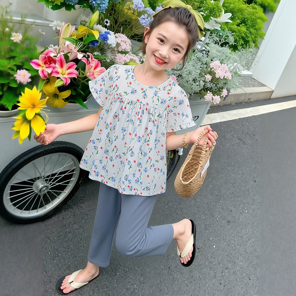 【洋气甜美娃娃衫套装】童装女宝宝夏季可爱衬衫打底裤两件套套装