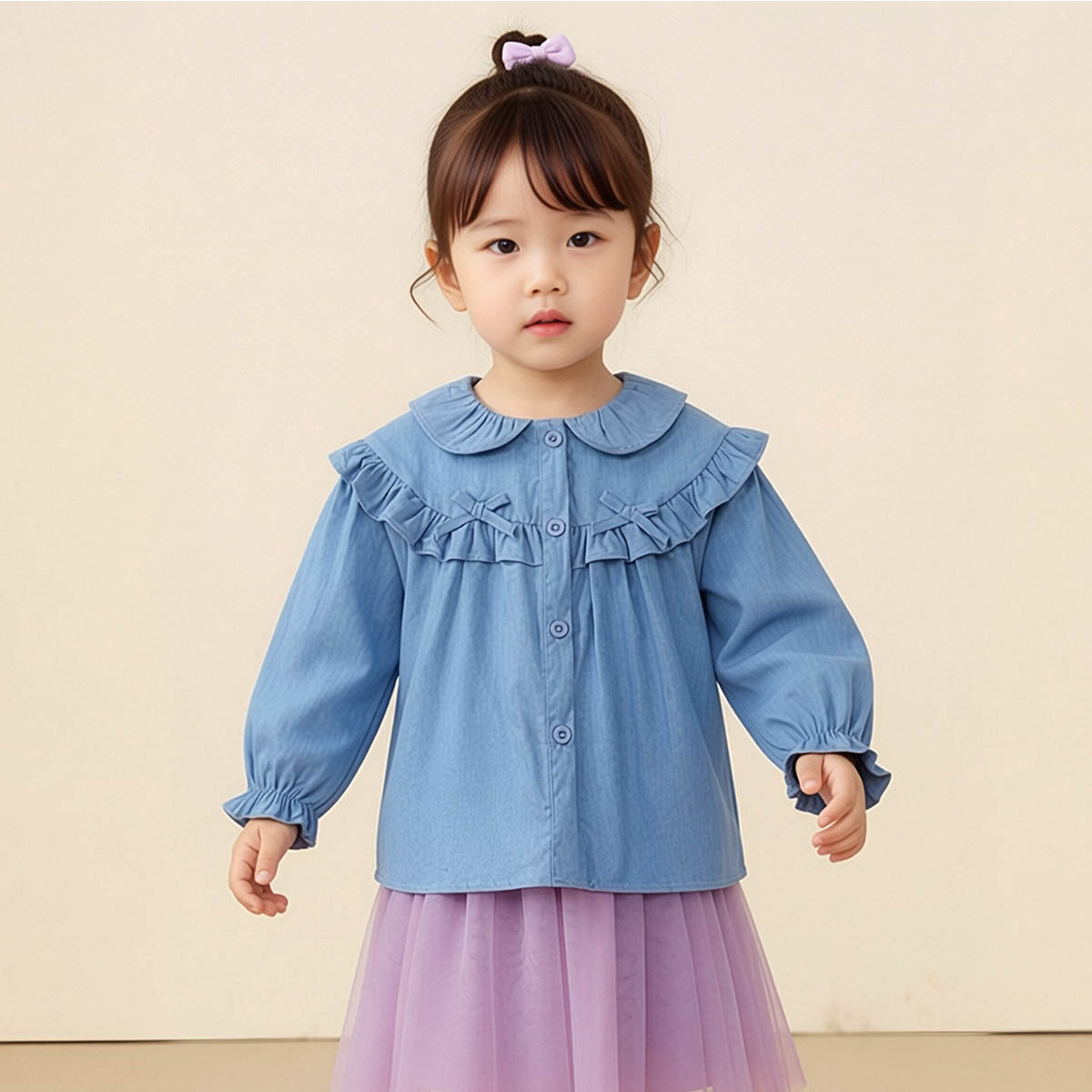 【纯棉透气牛仔衬衫】女童长袖衬衣春秋装衣服小儿童宝宝翻领上衣