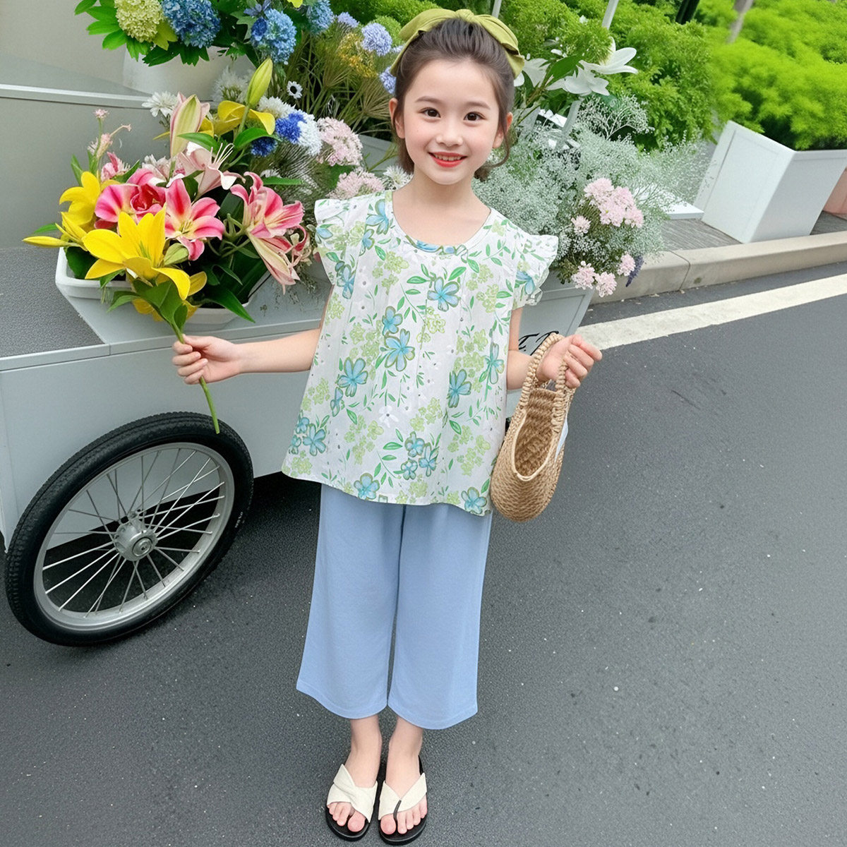 【洋气甜美度假风】童装女童夏季时尚碎花两件套儿童阔腿裤套装潮