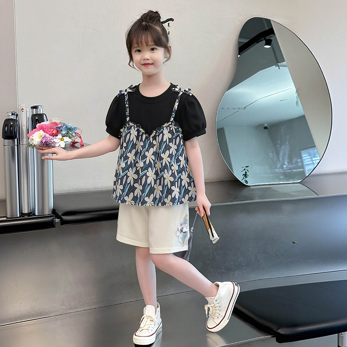 【洋气甜美假两件T恤】童装女童夏季时尚淑女风碎花上衣田园风
