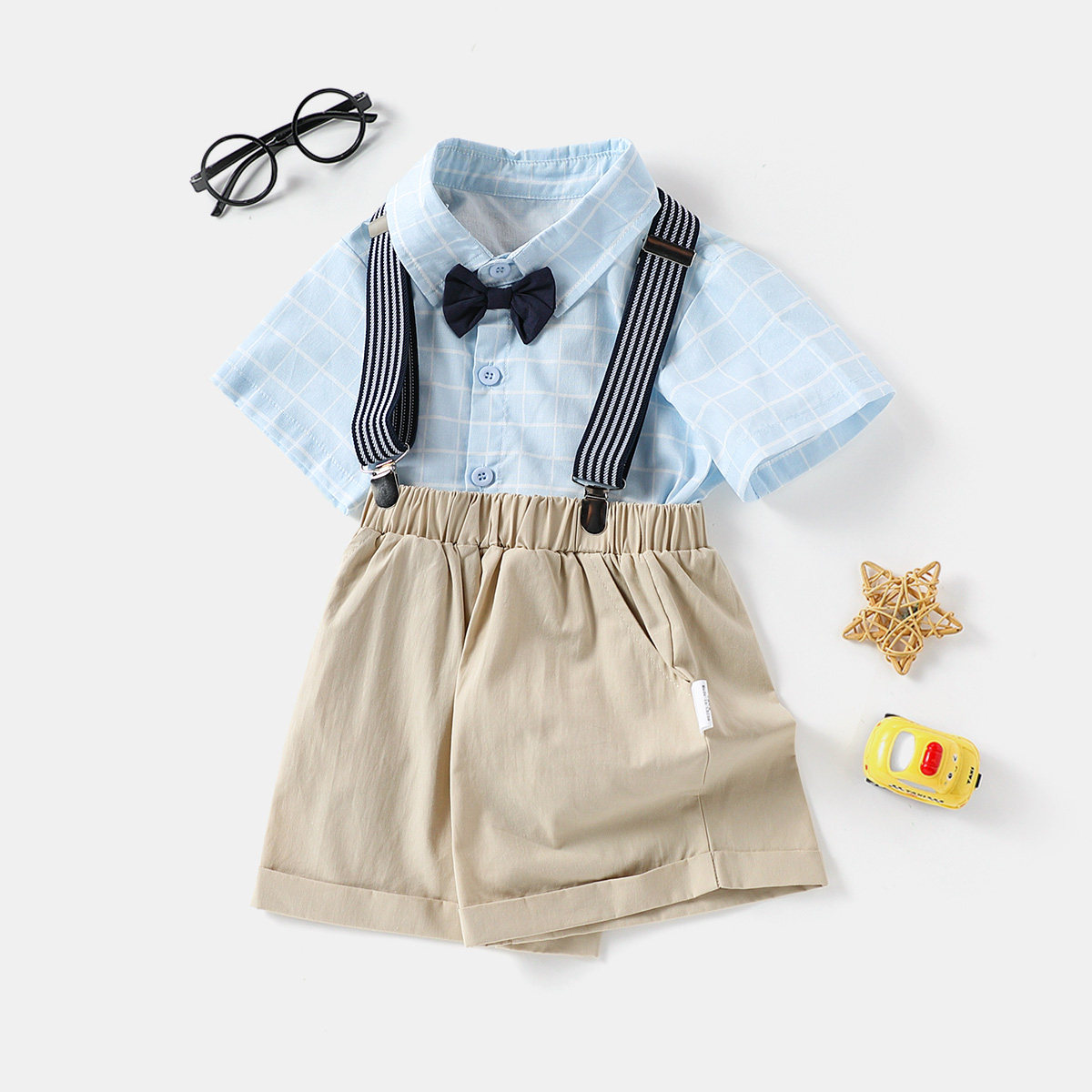 【帅气学院风】童装男宝宝夏季可爱背带裤套装小童时尚休闲两件套