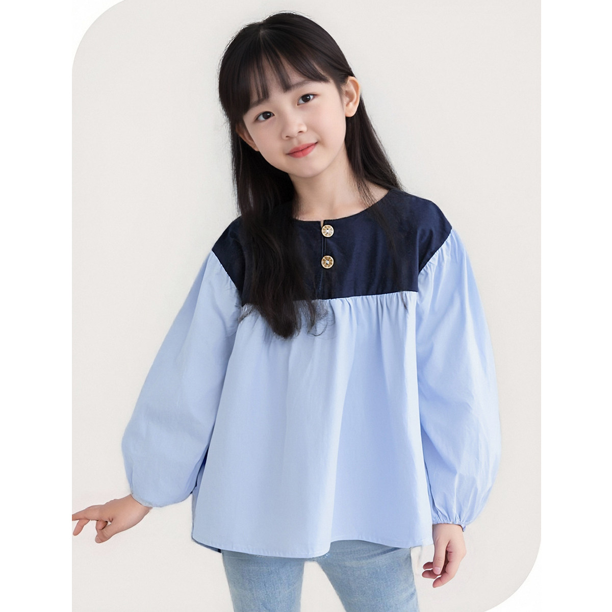 【时尚撞色拼接长袖衬衫】童装女童秋季新款纯棉衬衫儿童舒适上衣