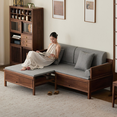 洪林坊罗汉床新中式实木推拉床黑胡桃木两用客厅小户型中式沙发床