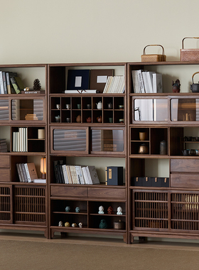 新中式博古架实木茶架黑胡桃木展示柜老榆木置物架收纳柜茶室