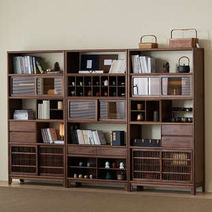 新中式博古架实木茶架黑胡桃木展示柜老榆木置物架收纳柜茶室