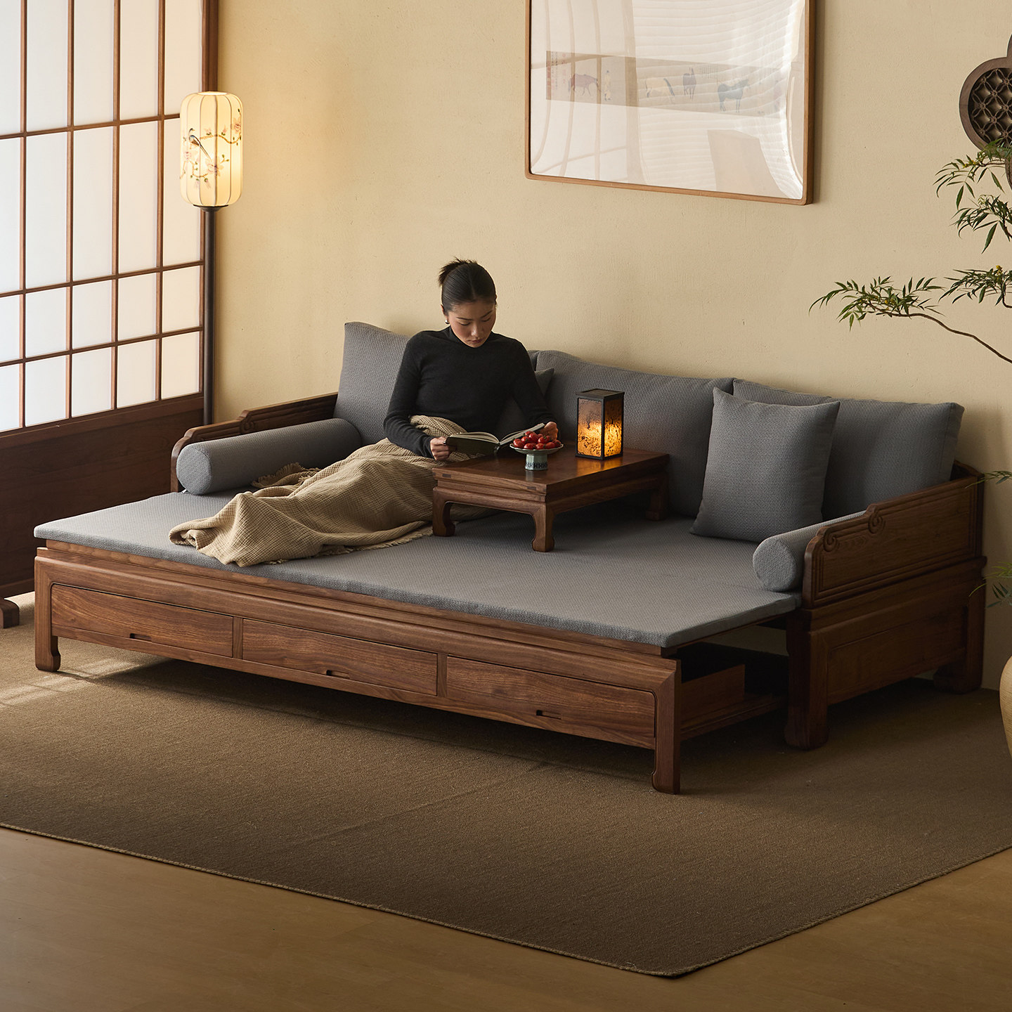 宋代美学黑胡桃木推拉罗汉床实木雕花复古客厅家具,住宅家具,罗汉床,淘宝优惠券,粉丝福利购,淘宝优惠卷