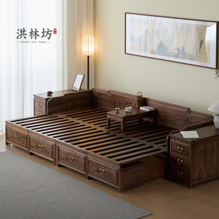 洪林坊宋式美学中式实木罗汉床推拉床禅意老榆木客厅沙发老式家具