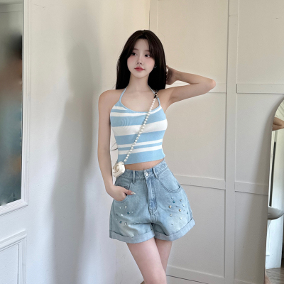 Three Quarters 航海系蓝白条纹LOGO斜领挂脖吊带针织背心女夏