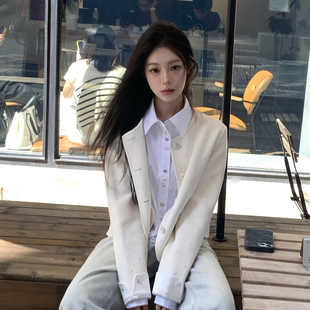 重工燙鉆小香毛呢外套秋季 Three 春秋款 時尚 Quarters 羊毛外套女