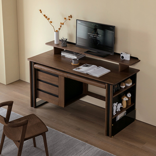 联邦家居中古风黑胡桃木魔方实木书桌复古风写字台电脑桌办公桌