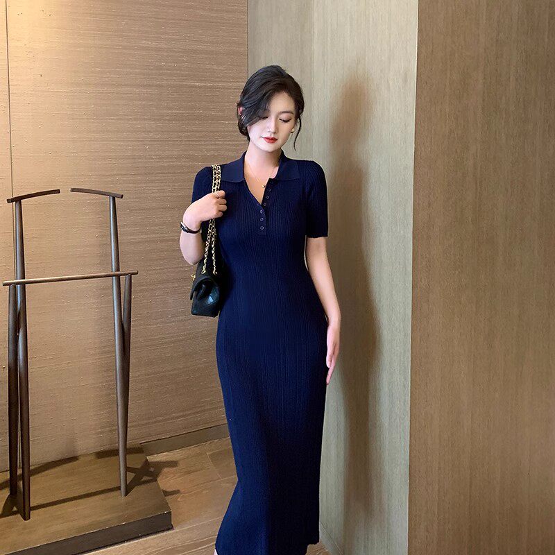 25新款蓝色polo针织裙连衣裙女修身法式包臀裙长裙长款裙子连身裙
