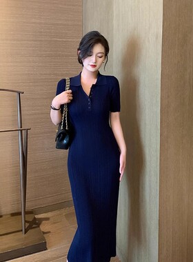 25新款蓝色polo针织裙连衣裙女修身法式包臀裙长裙长款裙子连身裙