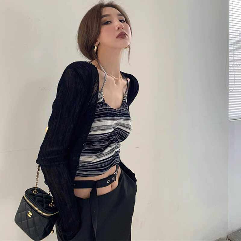 吊带外搭V领短款针织开衫女早春薄款冰丝防晒罩衫微透上衣空调衫