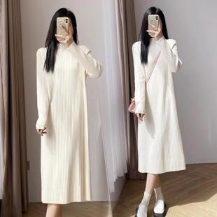 纸片人宽松遮肉过膝加厚半高领毛衣裙秋冬配大衣中长款针织连衣裙