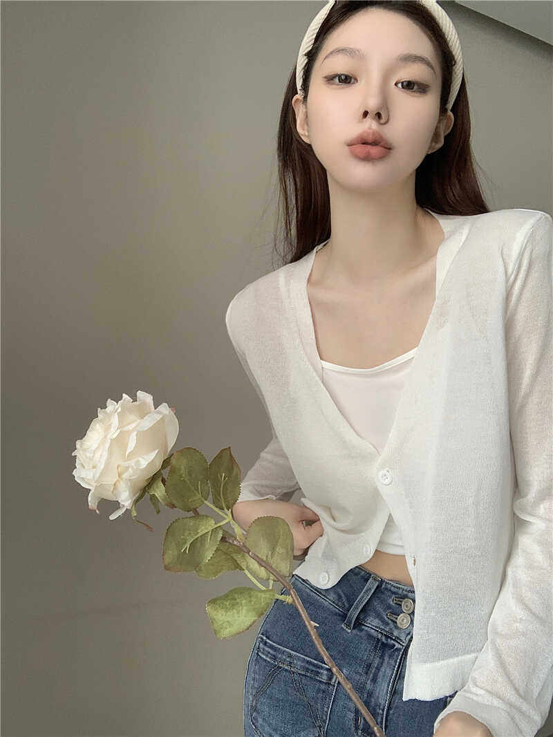 夏季针织衫纯色冰丝防晒开衫外套长袖外搭吊带裙配白色薄款女上衣