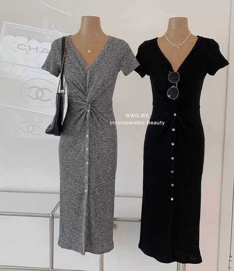 2025新款女装个性短袖扭结开叉连衣裙女法式针织长裙遮肚显瘦夏季