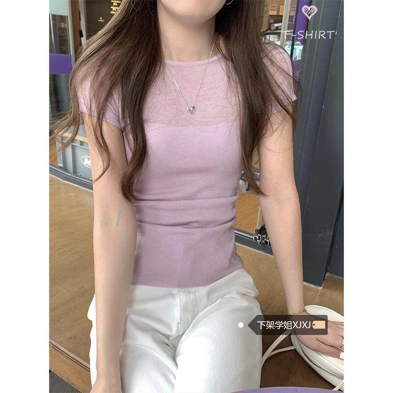 韩版气质拼接紫色针织T恤女春季2025新款设计感修身褶皱显瘦上衣