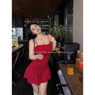 七碎花裙2024春夏新款微胖显瘦气质红色吊带长短款连衣裙女
