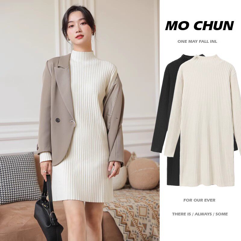 针织连衣裙女秋冬新款小个子中长款宽松半高领打底毛衣裙