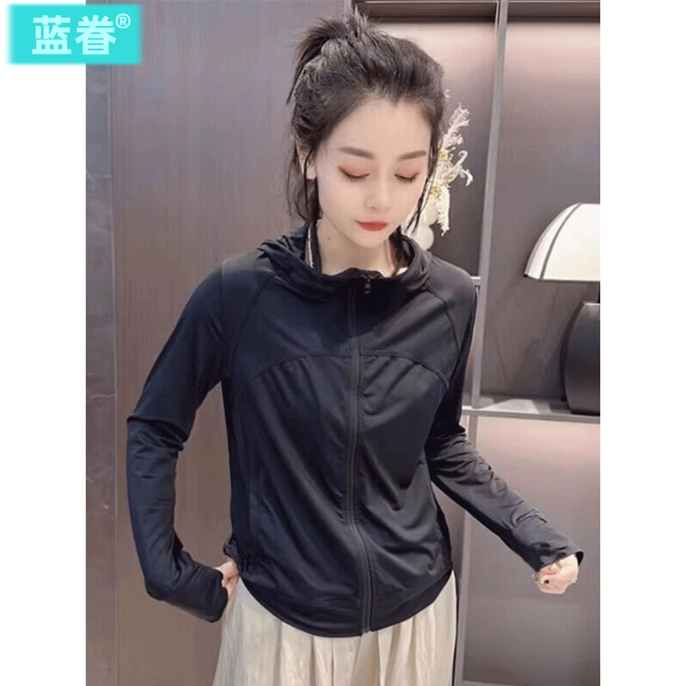 短款冰丝防晒衣女款2025夏季新款轻薄凉感运动外套黑色连帽防晒服