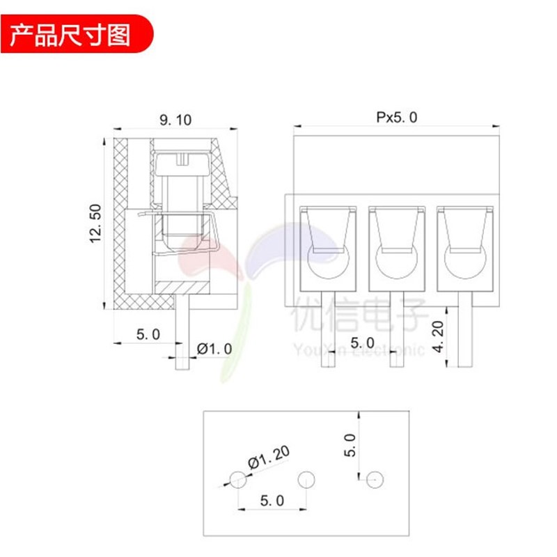 KF300 2P 3P 接线端子 铜脚 间距5.0MM 可拼接 螺钉式 250V/16A