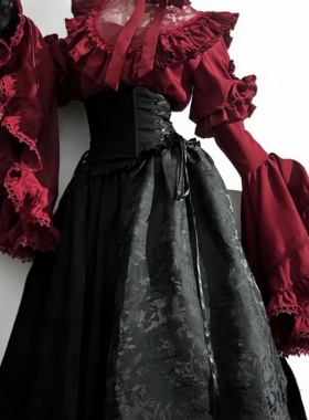 宫廷风暗黑系哥特红色姬袖衬衫洛丽塔sk华丽半身裙子高贵优雅套装
