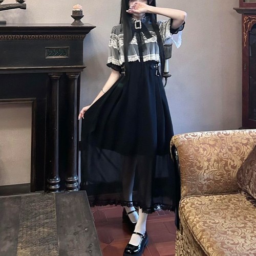 日系量产型清楚系蕾丝斗篷连衣裙