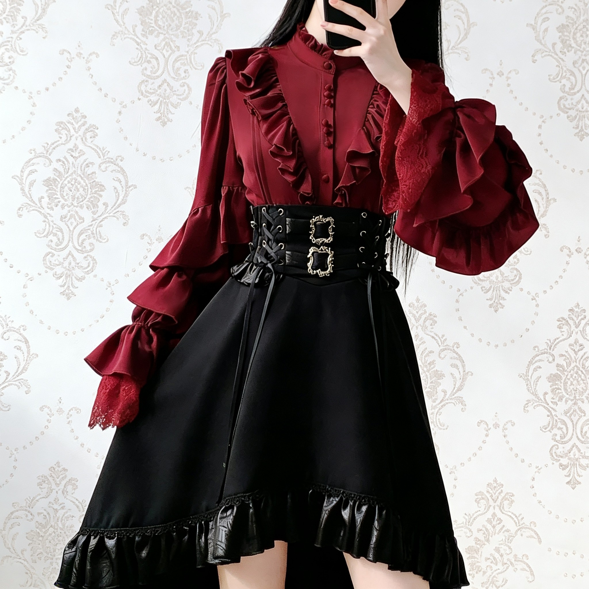 lolita王子系红色衬衫黑色sk半裙套装哥特式打歌服显瘦拖尾半身裙,模玩/动漫/周边/娃圈三坑/桌游,lolita洛丽塔半身裙/裙撑,淘宝优惠券,粉丝福利购,淘宝优惠卷