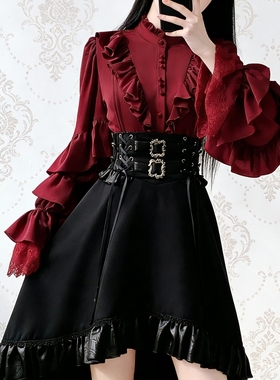 lolita王子系红色衬衫黑色sk半裙套装哥特式打歌服显瘦拖尾半身裙