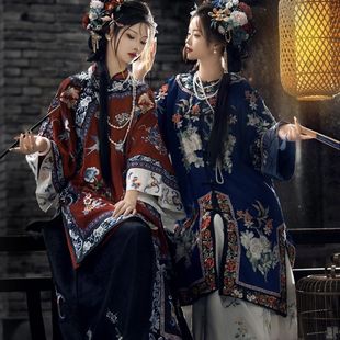 清漢女斜襟立領(lǐng)馬面裙清代古風氅衣晚清晉商少奶奶宮廷古董衣紅色
