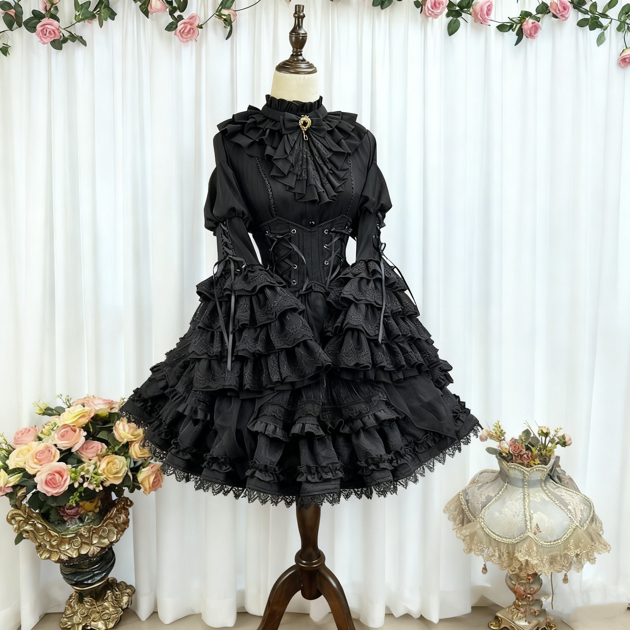 中世纪黑白哥特风lolita姬袖衬衫内搭腰封半裙套装长袖立领修身春